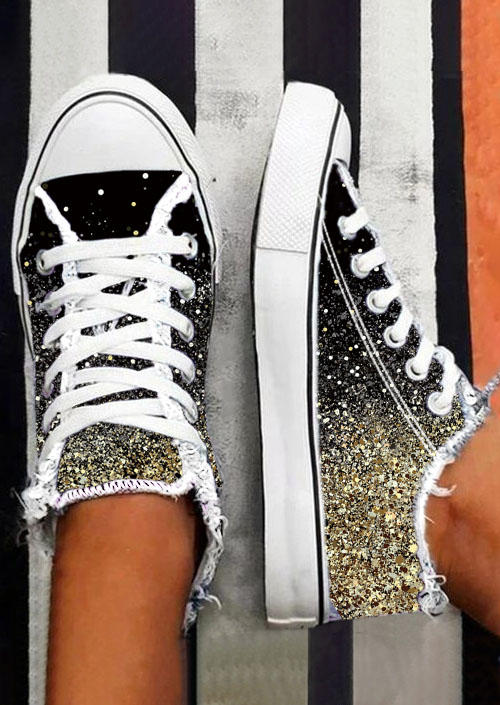 

Sneakers Gradient Glitter Lace Up Round Toe Flat Sneakers in Gold. Size