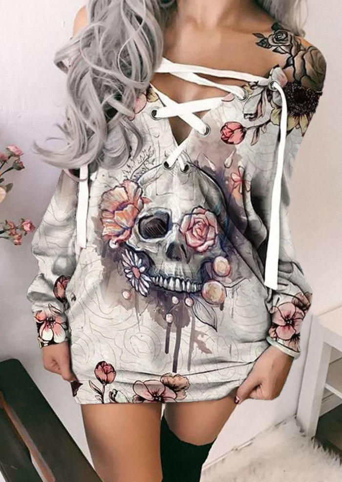 

Mini Dresses Halloween Floral Skull Lace Up Sweatshirt Mini Dress in Multicolor. Size