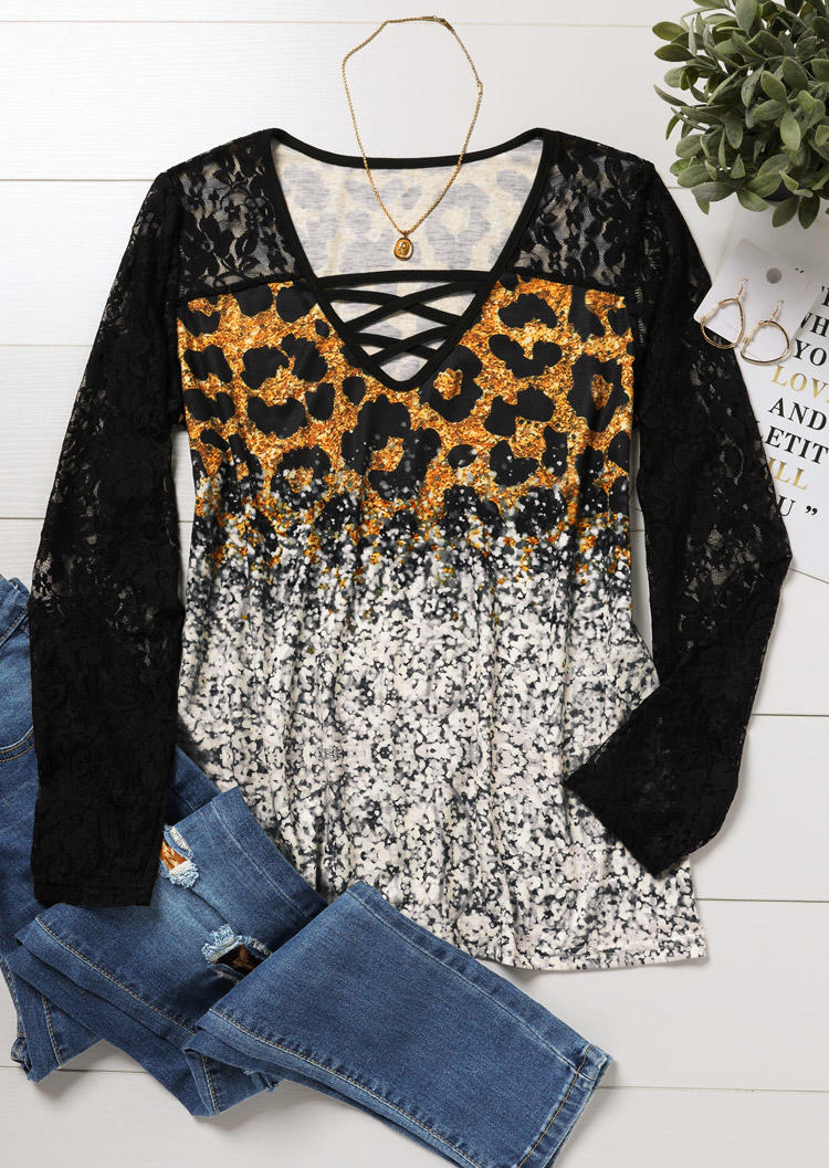 

Blouses Lace Splicing Leopard Criss-Cross Blouse in Black. Size: L