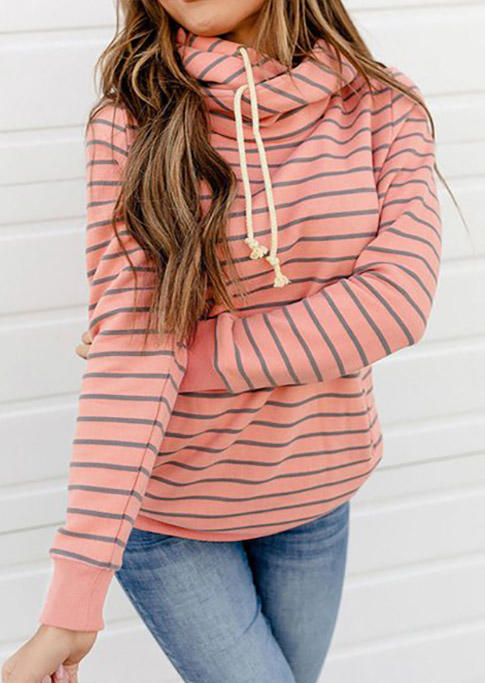 

Hoodies Striped Pocket Drawstring Hoodie in Pink. Size