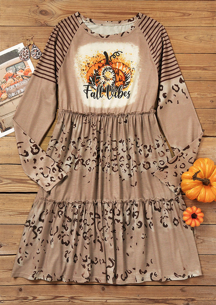 

Mini Dresses Fall Vibes Leopard Striped Ruffled Mini Dress in Khaki. Size