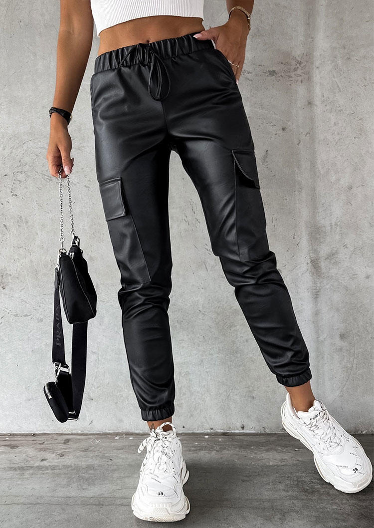 

Pants PU Leather Pocket Ruffled Tie Pants in Black. Size: L