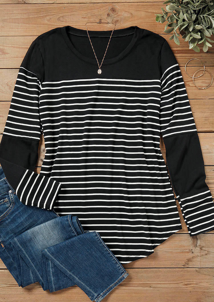 

Blouses Striped Long Sleeve O-Neck Blouse in Black. Size