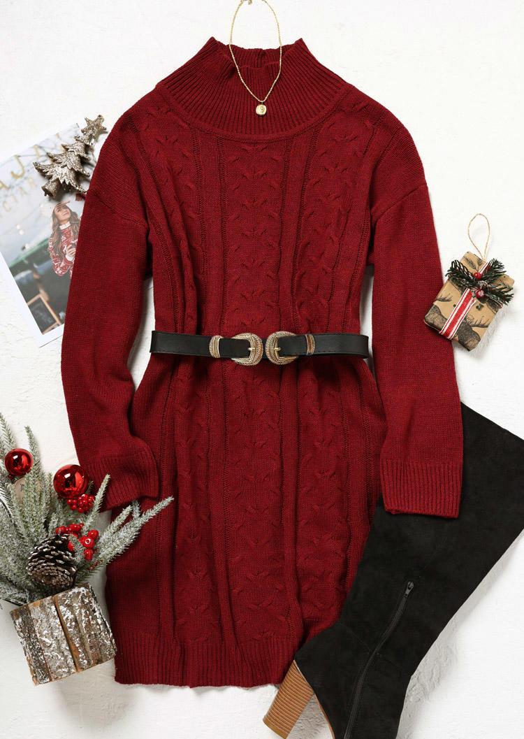 Sweater Dresses Crocheted Turtleneck Long Sleeve Sweater Dress in Red. Size: L,M