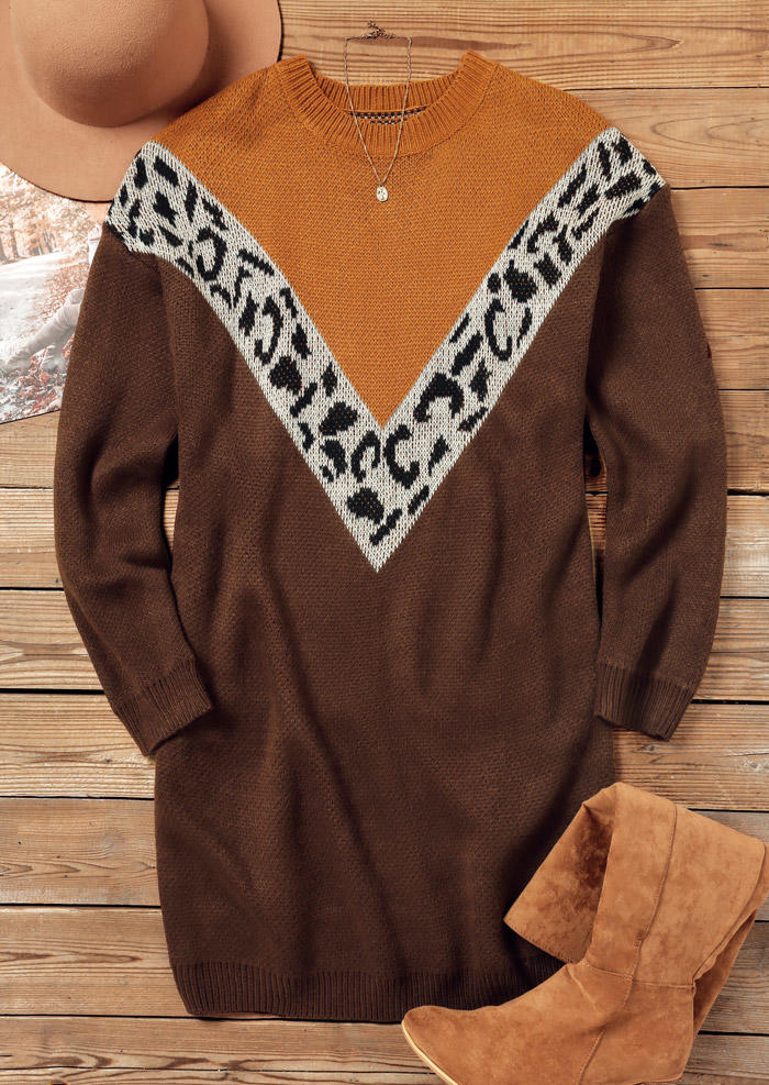 Sweater Dresses Color Block Leopard O-Neck Sweater Dress in Brown. Size: L,M,S