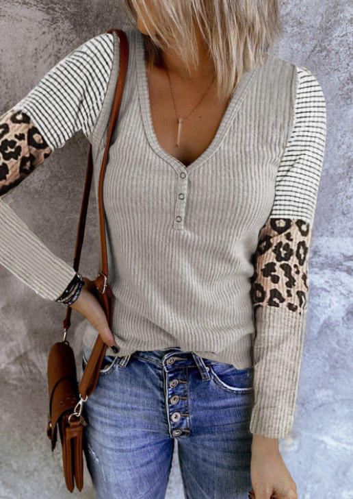 Leopard Striped Snap Button Ribbed Blouse - Gray