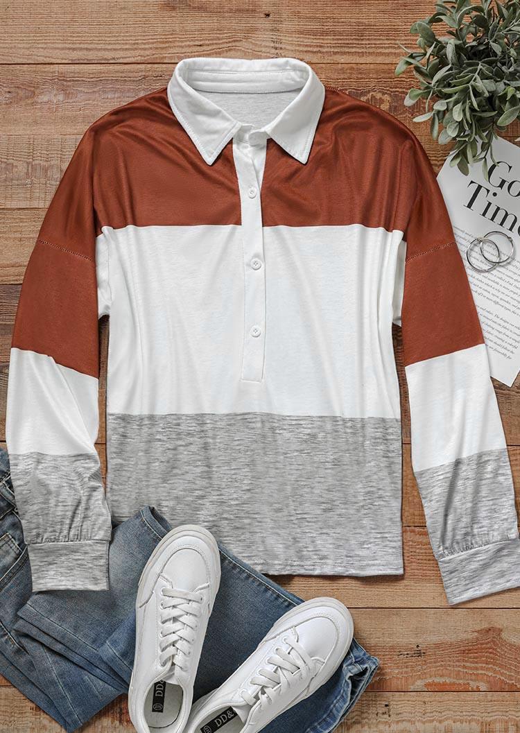 

Blouses Color Block Turn-Down Collar Blouse in Multicolor. Size: L