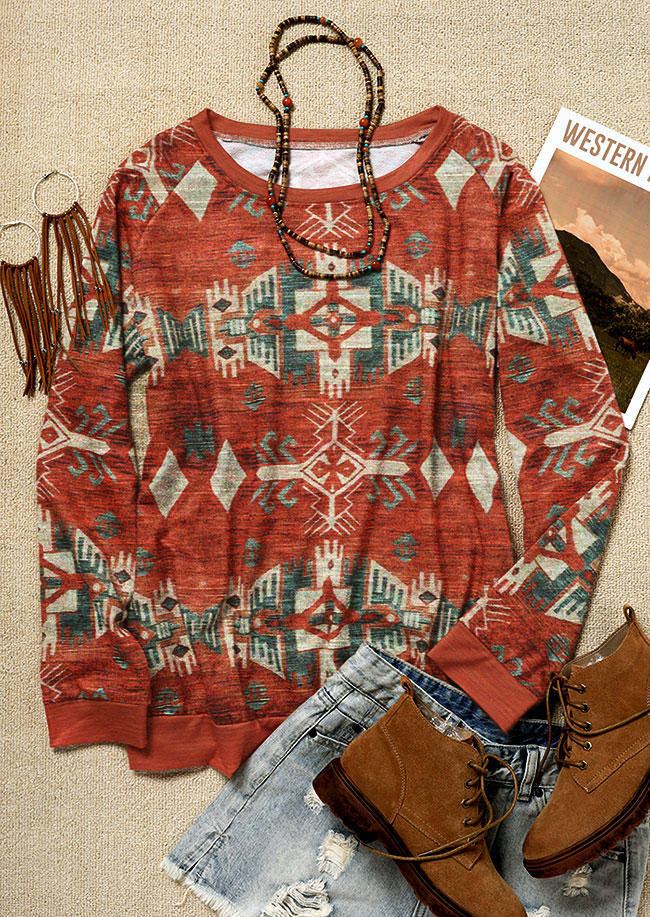 

Sweatshirts Aztec Geometric Raglan Sleeve Pullover Sweatshirt in Multicolor. Size