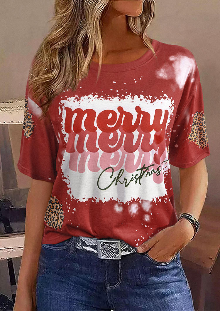 T-shirts Tees Merry Christmas Leopard Bleached T-Shirt Tee in Red. Size: S