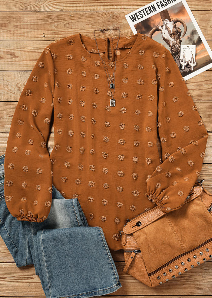 

Blouses Dotted Swiss O-Neck Long Sleeve Blouse - Dark Khaki in Khaki. Size: M