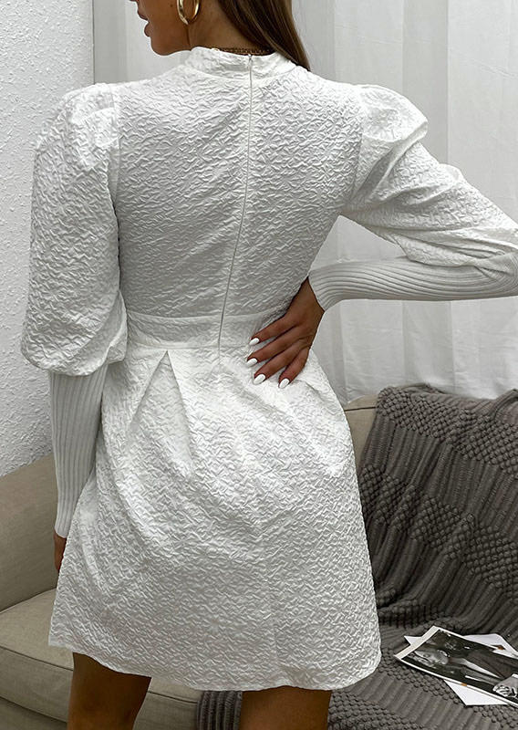 Zipper Puff Sleeve Turtleneck Mini Dress - White