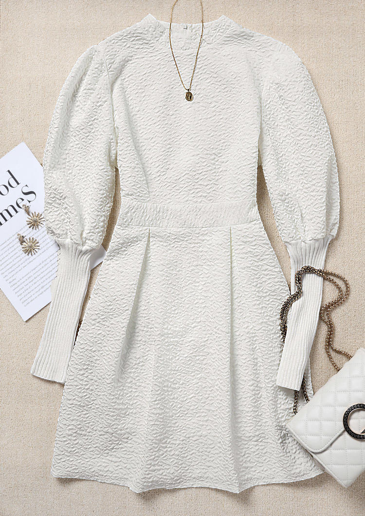 Mini Dresses Zipper Puff Sleeve Turtleneck Mini Dress in White. Size: L,M