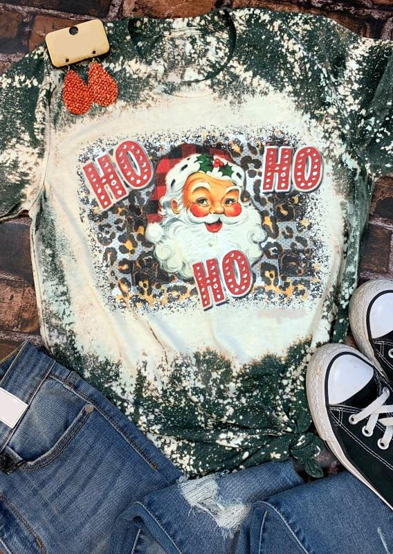 

T-shirts Tees Christmas HO HO HO Santa Claus Leopard Plaid Bleached T-Shirt Tee in Multicolor. Size