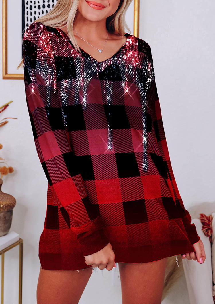 Blouses Gradient Glitter Buffalo Plaid V-Neck Blouse in Red. Size: L,M,S,XL