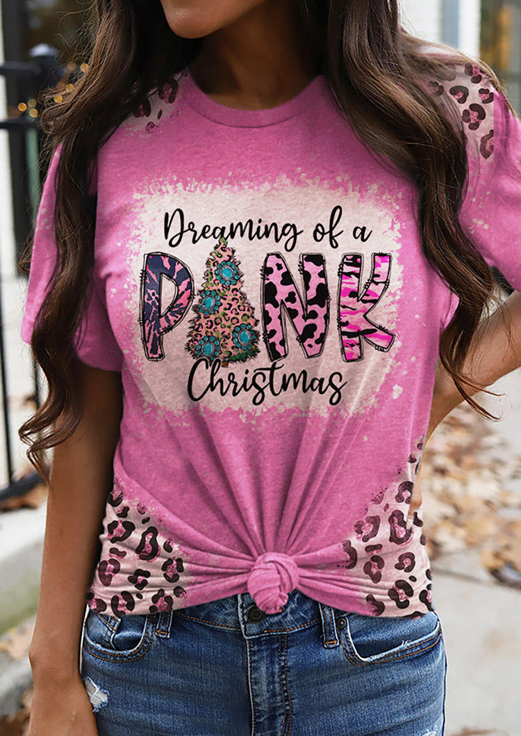 Dreaming Of A Pink Christmas Leopard Turquoise T-Shirt Tee - Pink