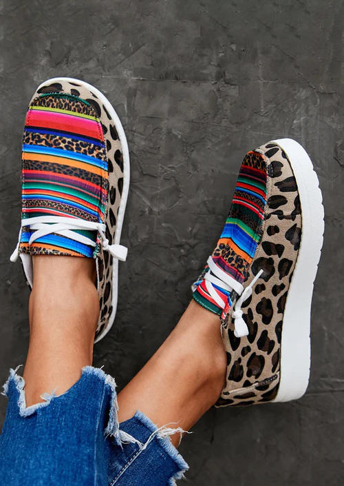 

Sneakers Leopard Serape Striped Round Toe Flat Sneakers in Multicolor. Size