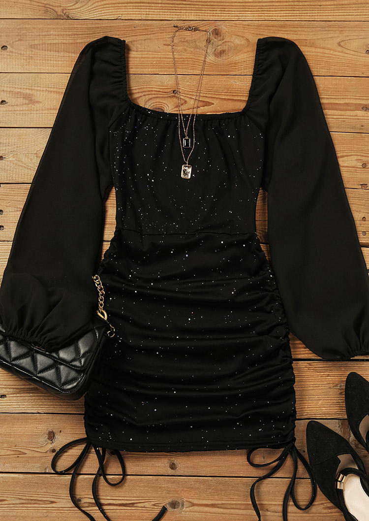 Glitter Drawstring Square Collar Bodycon Dress - Black