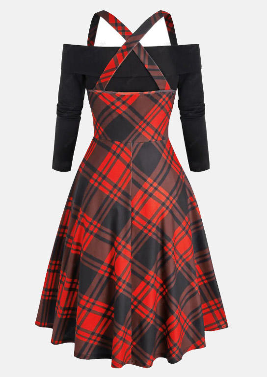 Plaid Buckle Strap Criss-Cross Mini Dress - Red