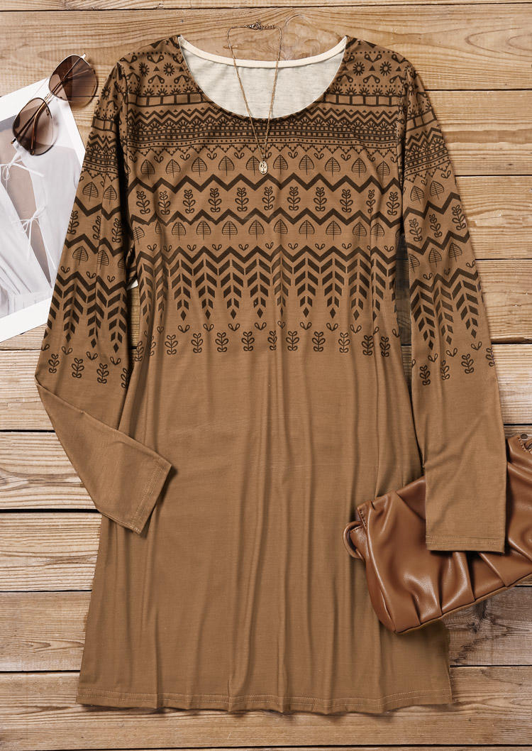 

Mini Dresses Vintage Ethnic Style Long Sleeve Mini Dress in Khaki. Size: L,M