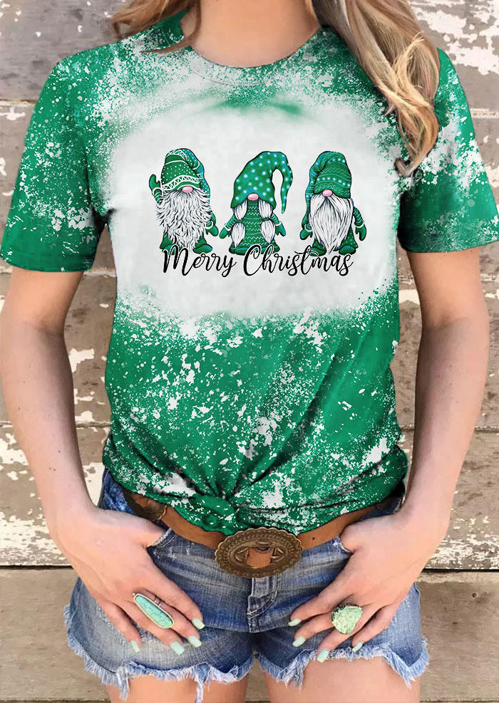 Merry Christmas Gnomies Bleached T-Shirt Tee - Green