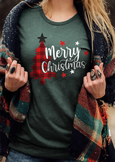 Merry Christmas Tree Plaid T-Shirt Tee - Green