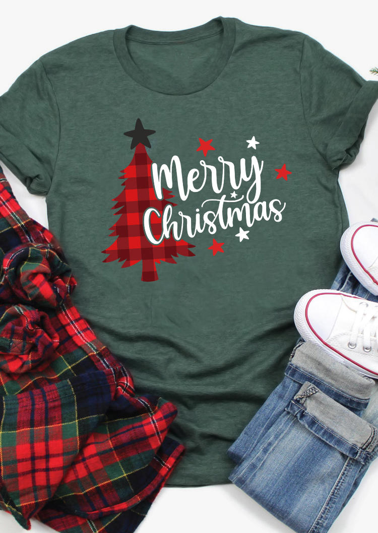 

T-shirts Tees Merry Christmas Tree Plaid T-Shirt Tee in Green. Size