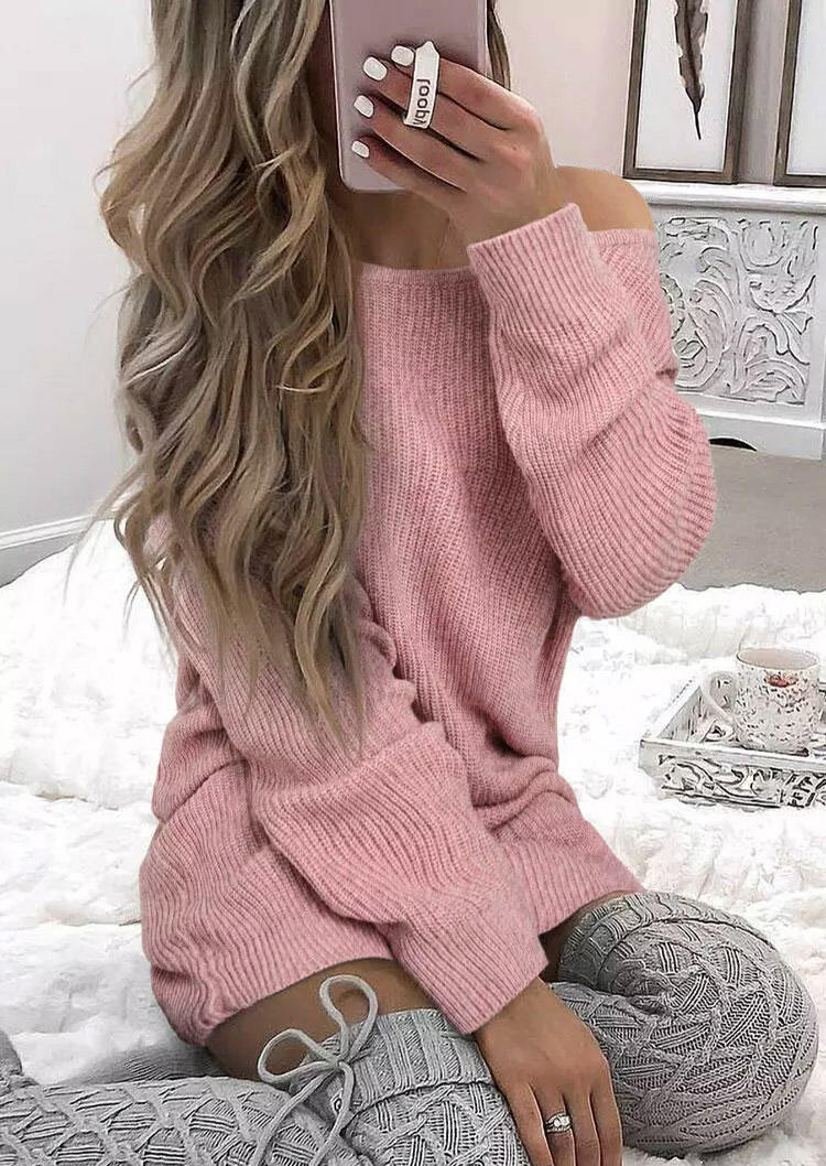

Sweater Dresses Lace Up Long Sleeve Sweater Dress in Pink. Size