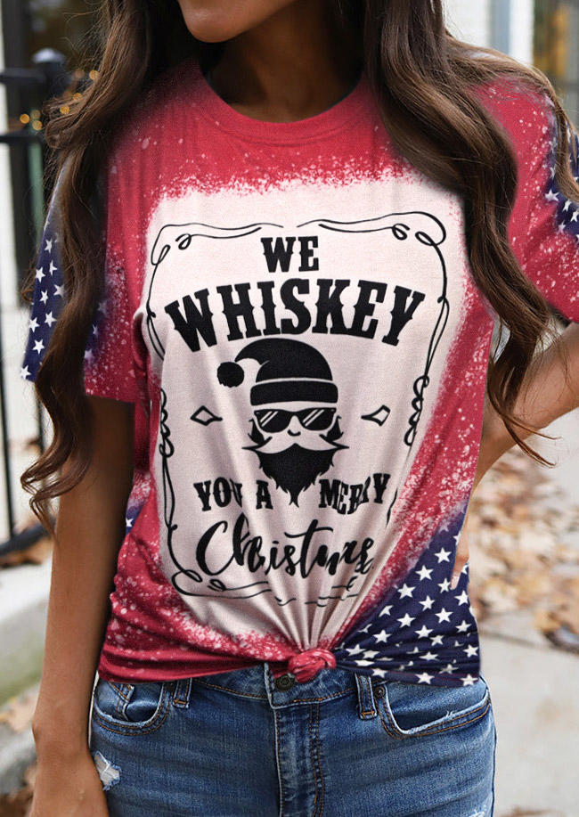We Whiskey You A Merry Christmas Bleached T-Shirt Tee - Red