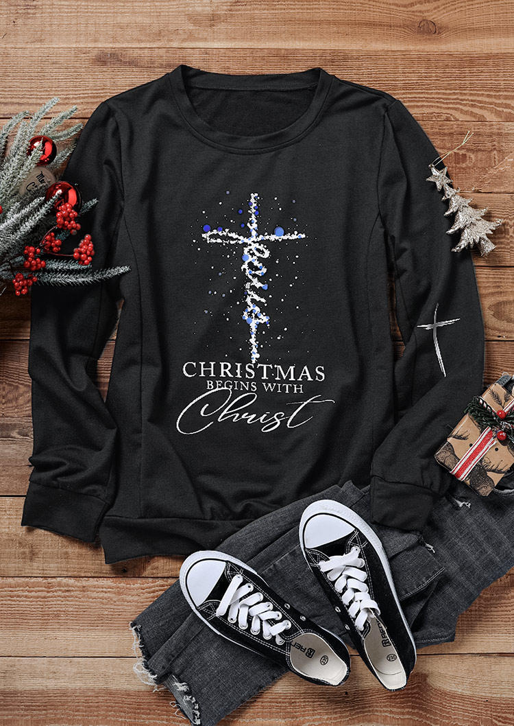 Sweatshirts Christmas Jesus Begins With Christ Pullover Sweatshirt in Black. Size: S