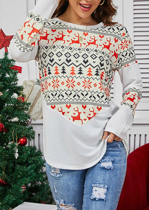 Blouses Christmas Reindeer Snowflake O-Neck Blouse in White. Size: M