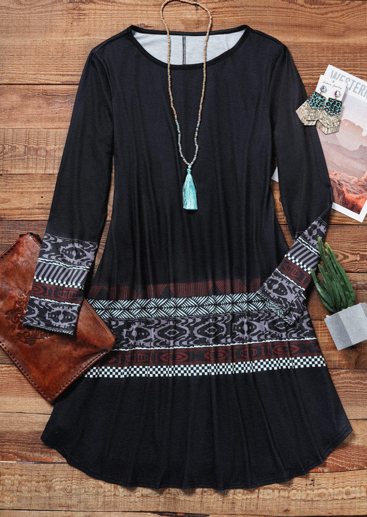 

Mini Dresses Bohemia Checkered Pocket Long Sleeve Loose Mini Dress in Black. Size: L,M,,XL