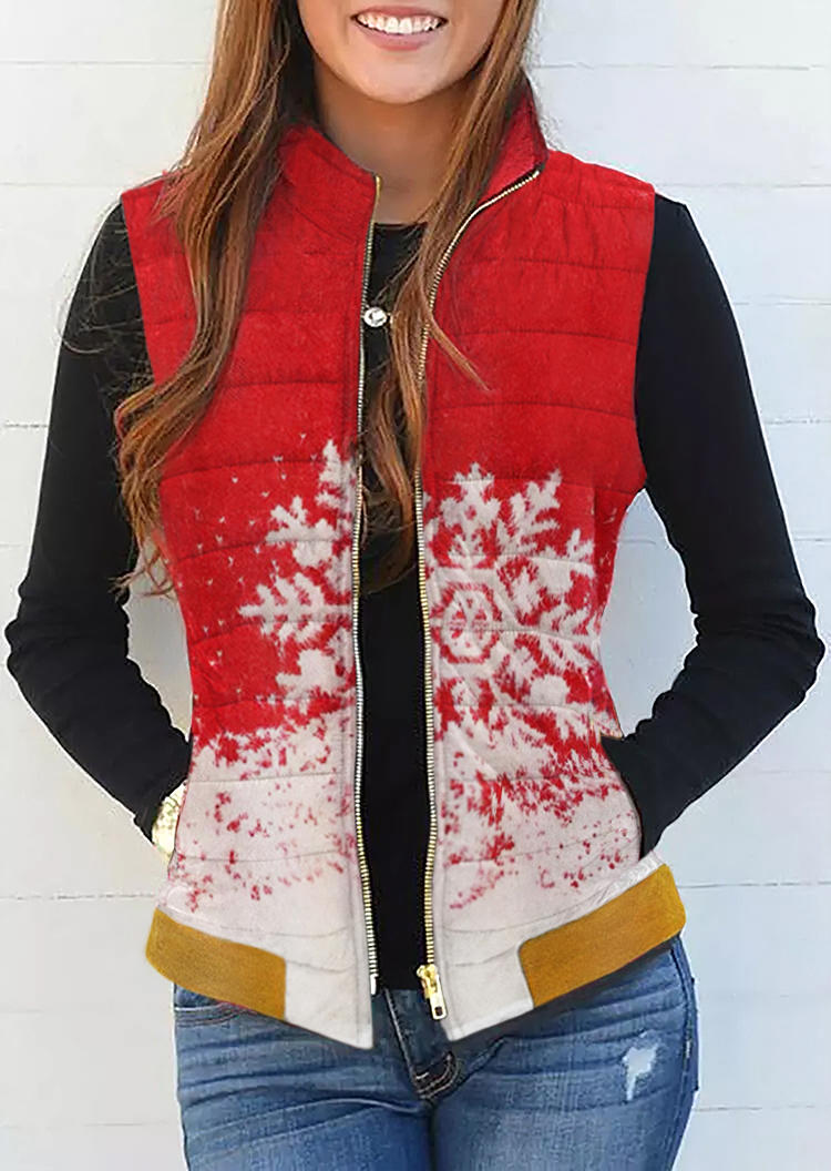 

Coats Christmas Snowflake Zipper Pocket Sleeveless Vest Coat in Red. Size: L,M,,XL