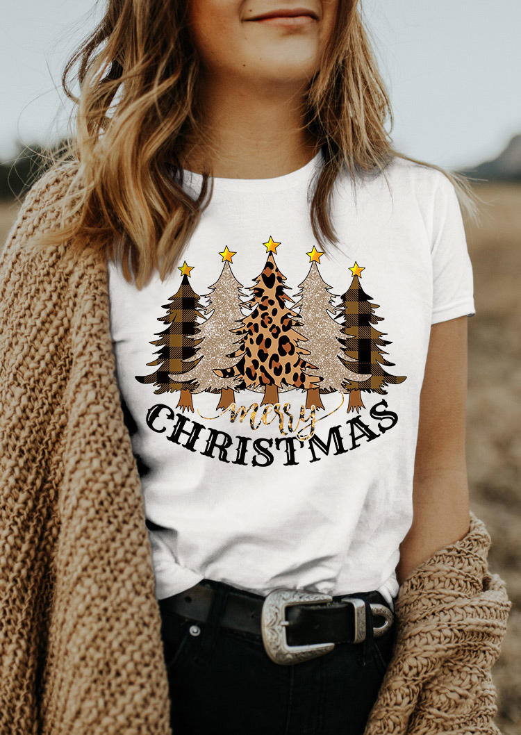 Merry Christmas Tree Leopard Plaid T-Shirt Tee - White