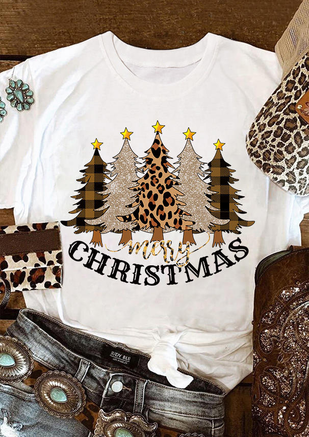 T-shirts Tees Merry Christmas Tree Leopard Plaid T-Shirt Tee in White. Size: L,M