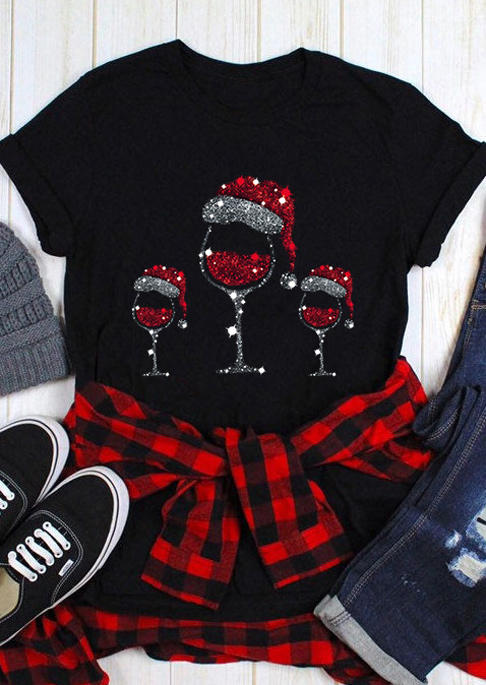 

T-shirts Tees Christmas Hat Wine Glass O-Neck T-Shirt Tee in Black. Size