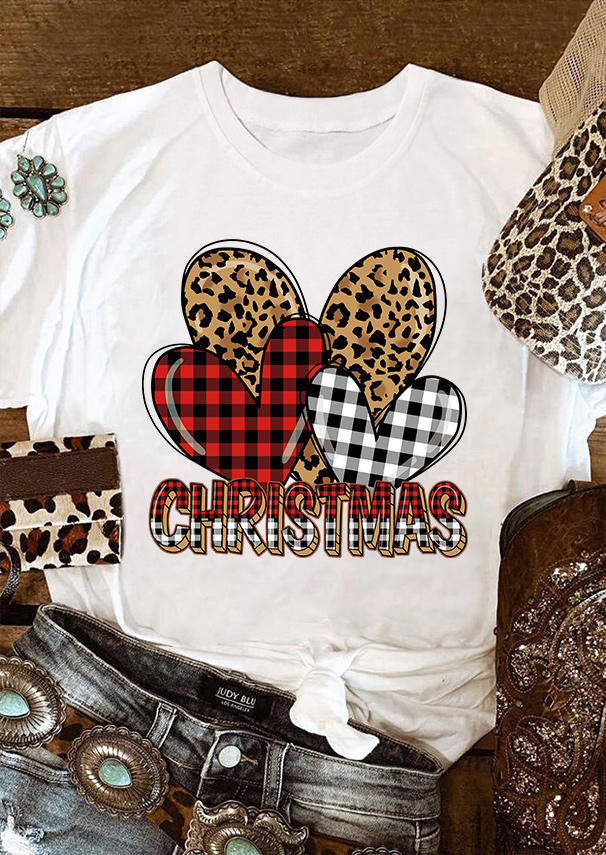 

T-shirts Tees Christmas Leopard Plaid Love Heart T-Shirt Tee in White. Size