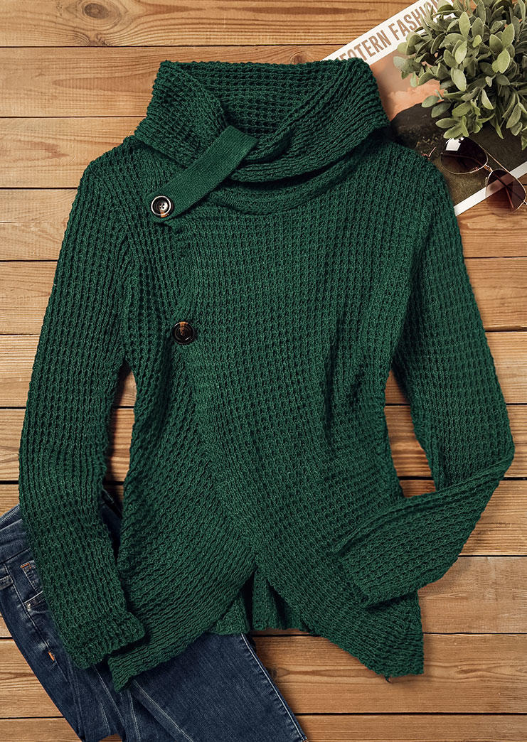 Irregular Button Long Sleeve Sweater - Green