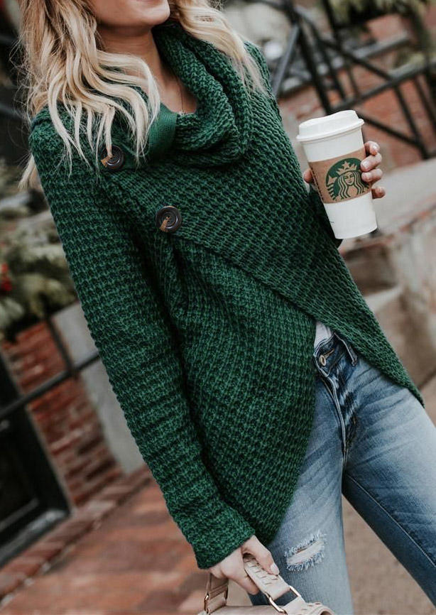 

Sweaters Irregular Button Long Sleeve Sweater in Green. Size