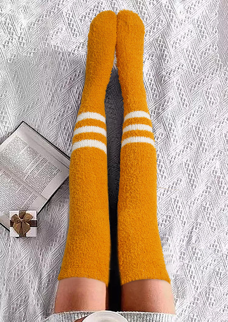 

Knee-High Socks Striped Soft Plush Over Knee Extra Long Socks in Yellow. Size