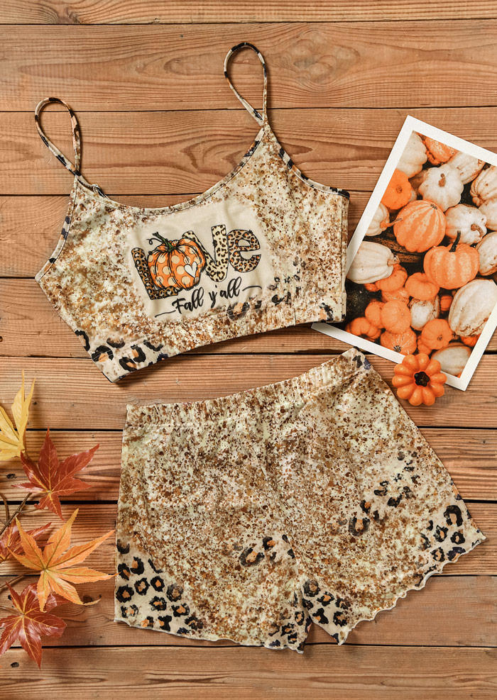 Sleepwear Fall Y'all Leopard Glitter Pumpkin Crop Camisole And Shorts Pajamas Set in Multicolor. Size: L,M,S,XL