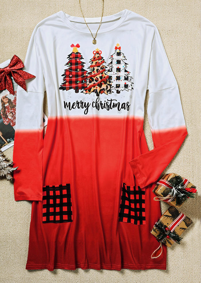 Mini Dresses Merry Christmas Tree Gradient Plaid Leopard Pocket Mini Dress in Multicolor. Size: L,M,S,XL