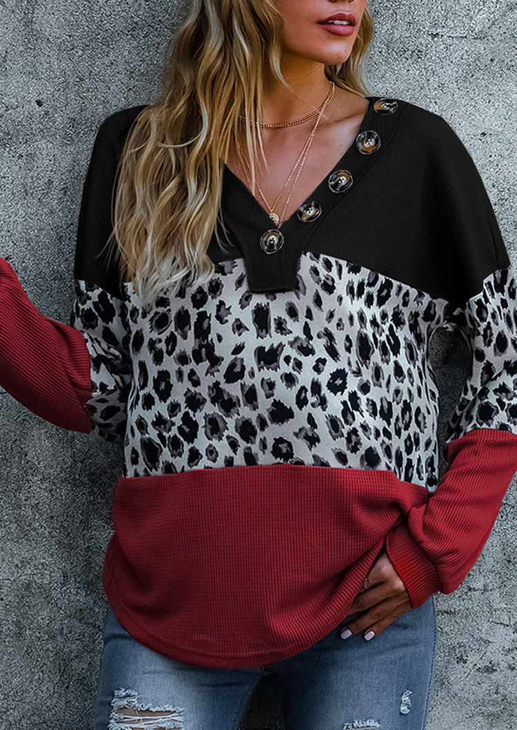 

Blouses Leopard Color-Blocked Button V-Neck Blouse in Multicolor. Size: L,M,S