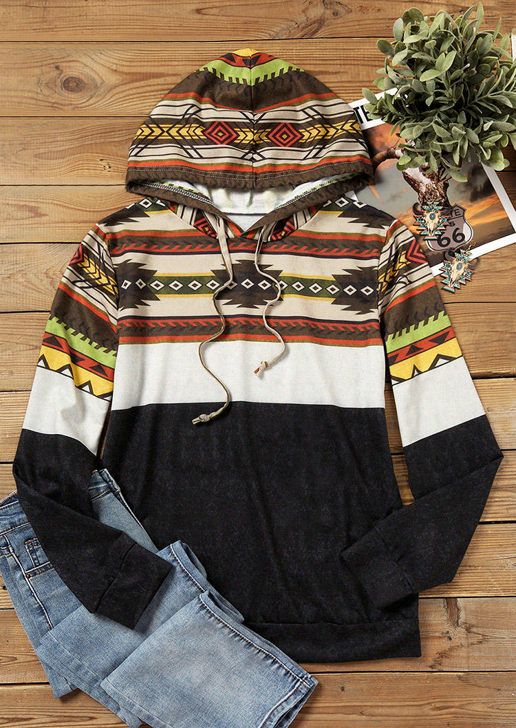 

Hoodies Aztec Geometric Drawstring Long Sleeve Hoodie in Multicolor. Size