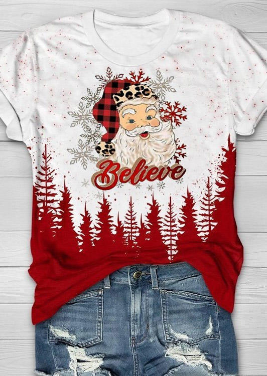 T-shirts Tees Christmas Believe Santa Claus Snowflake T-Shirt Tee in White. Size: XL