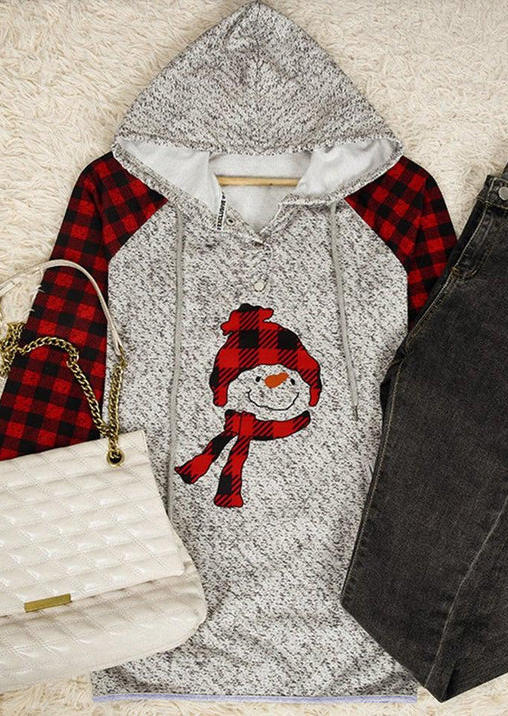 Hoodies Christmas Snowman Buffalo Plaid Button Hoodie in Gray. Size: L,M,S