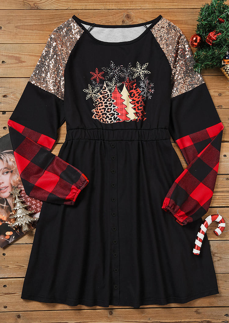 Christmas Tree Leopard Plaid Snowflake Mini Dress - Black