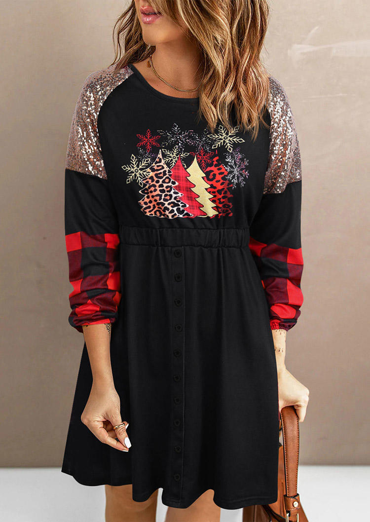 Christmas Tree Leopard Plaid Snowflake Mini Dress - Black