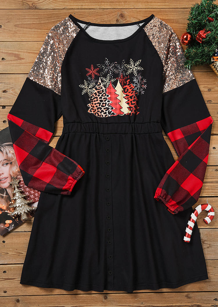 

Mini Dresses Christmas Tree Leopard Plaid Snowflake Mini Dress in Black. Size: L