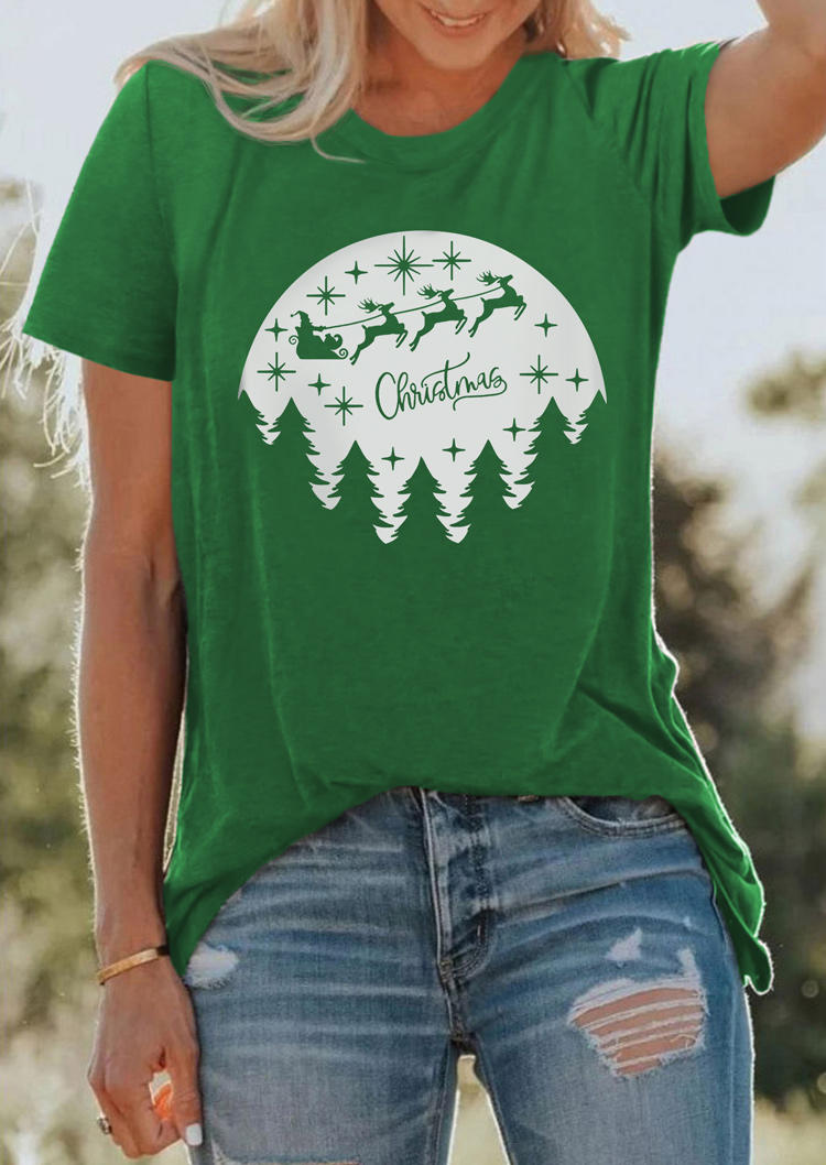 Christmas Reindeer Santa Claus O-Neck T-Shirt Tee - Green
