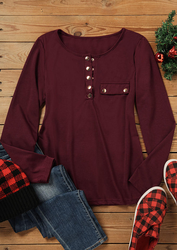 Button Notched Neck Long Sleeve Blouse - Burgundy